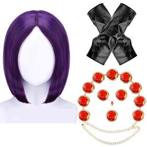 8524 7pcs Short Purple Wig For Adjustable Red Stones Waist Belt
